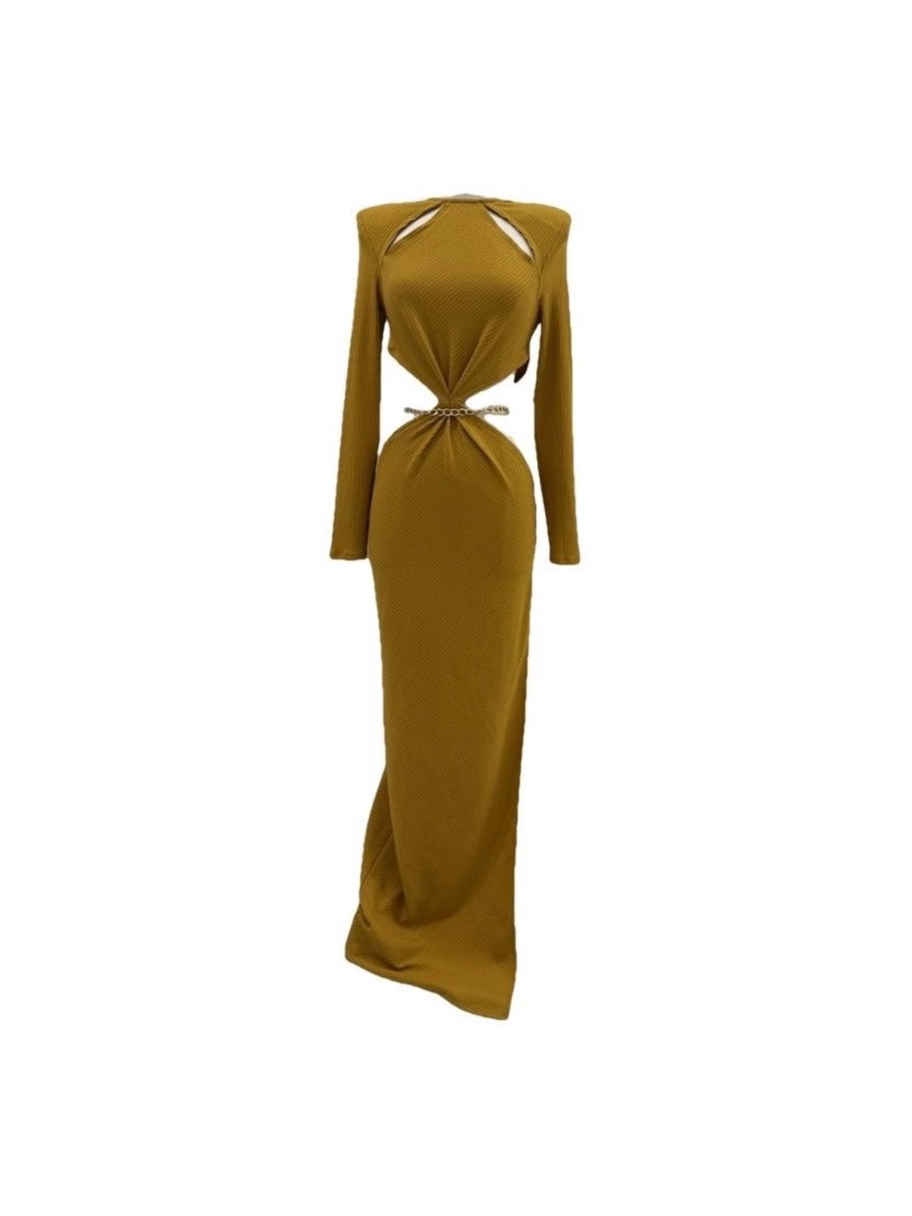 Bronx and Banco Olive-Mustard Cutout Long Sleeve Maxi Dress